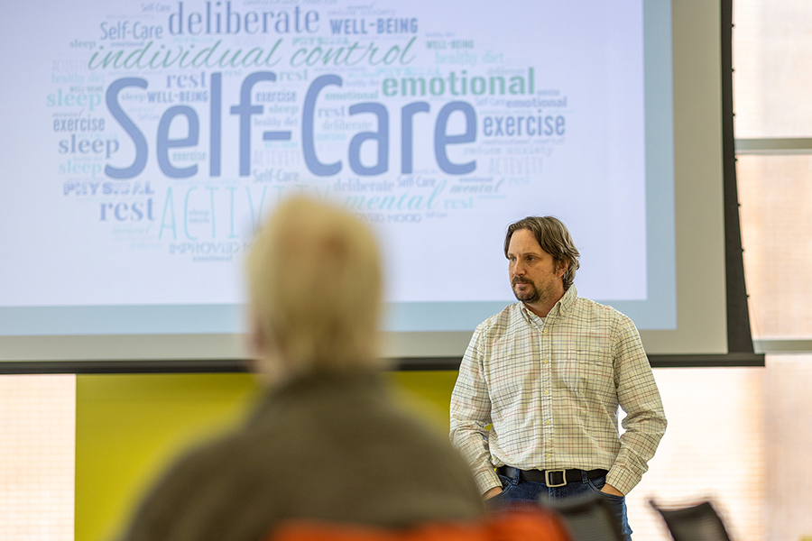 Randy Barker, director of counseling services and well-being at UW–Superior, has traveled across the state to share well-being practices with other Universities of Wisconsin campuses.