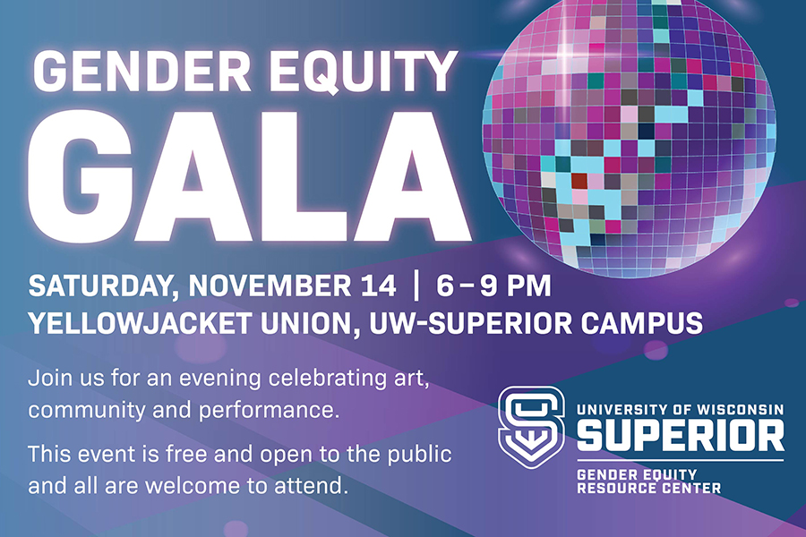 Flyer for the Gender Equity Gala on November 14 at the UW-Superior Yellowjacket Union.