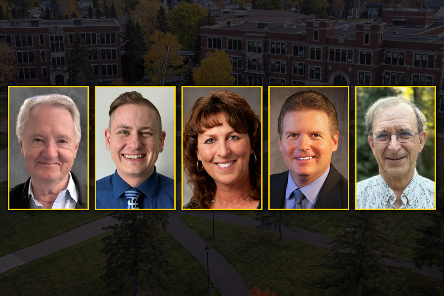 Five adults, three men and two women, are shown in portrait photos with yellow borders.