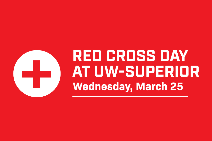 Red background with a white circle containing a red cross on the left. Text on the right reads: Red Cross Day at UW-Superior, Wednesday, March 25.