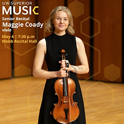 A woman in a black dress holds a viola onstage with recital details overlaid on the image.