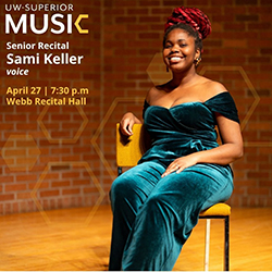 A woman in a green dress sits on a chair, smiling, with recital details on the image.