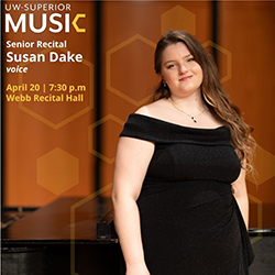 A woman in a black dress stands by a piano; text promotes a senior vocal recital event.