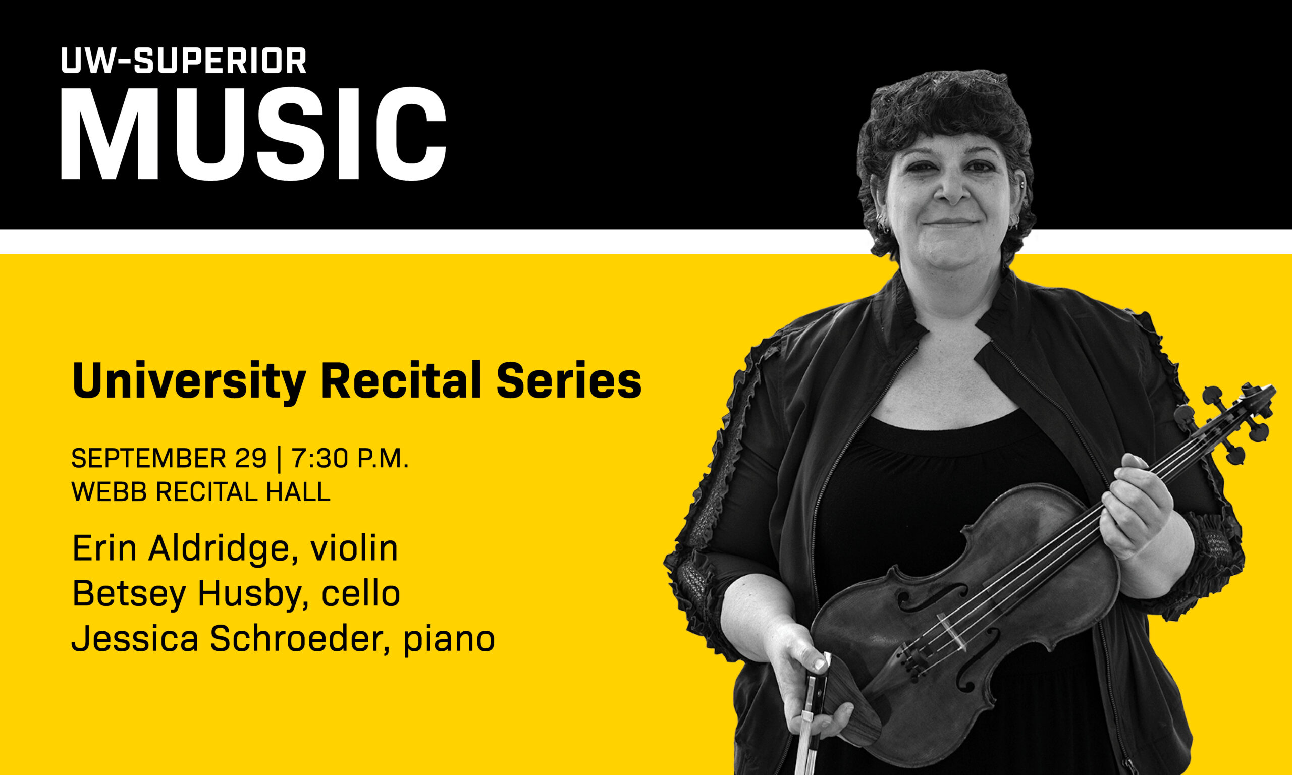 Erin Aldridge holds a violin. Text advertises a university recital on September 29 at 7:30 p.m.