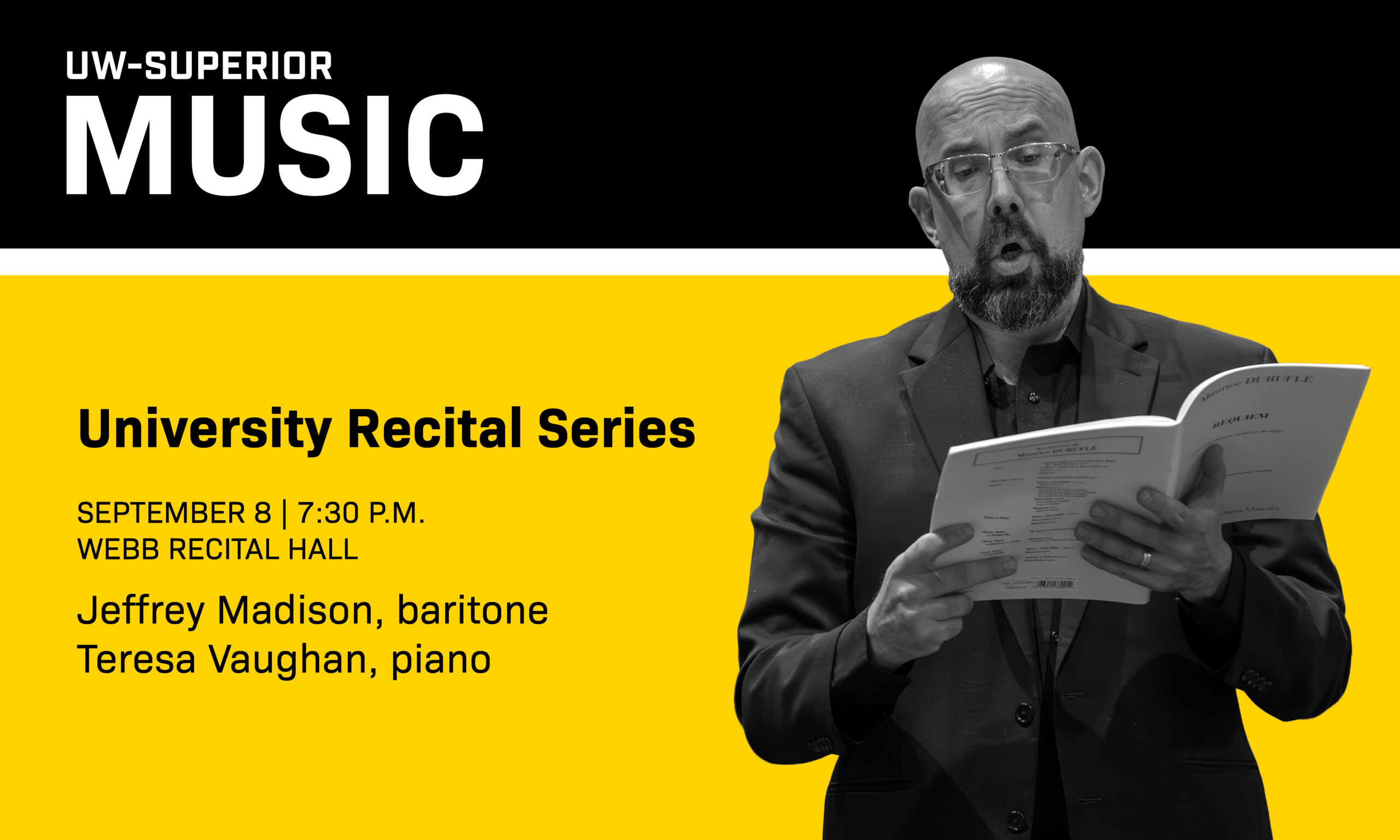 A man sings while holding sheet music; event details for a recital appear beside him.
