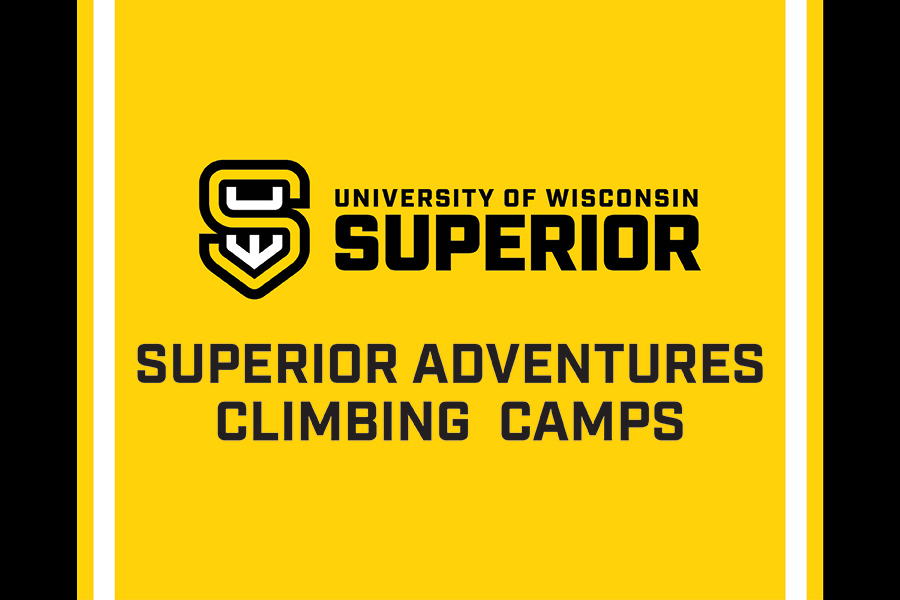 Yellow banner with University of Wisconsin Superior Adventures Climbing Camps text.