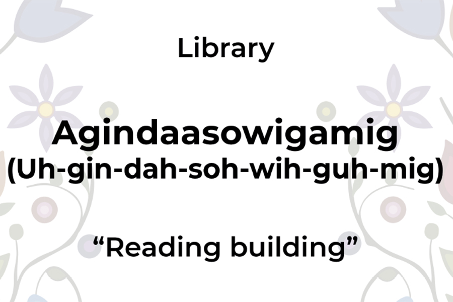 Text shows the Ojibwe word for library with pronunciation and translation: Reading building.