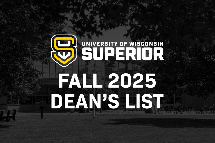 Graphic with the University of Wisconsin–Superior logo and text reading “Fall 2025 Deans Liist” over a shaded image of a campus building and trees.