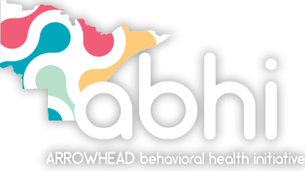 Logo for the Arrowhead Behavioral Health Initiative featuring the acronym abhi with a colorful abstract Minnesota design, highlighting research services, and the full name displayed below in white text.