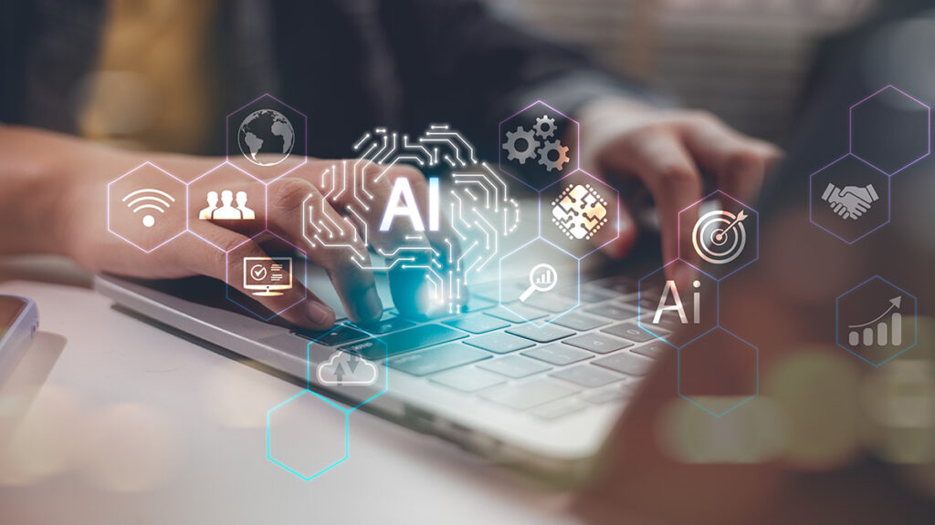 A person types on a laptop keyboard, with transparent hexagon icons representing AI, cloud computing, gears, graphs, and various digital technologies superimposed over the image.
