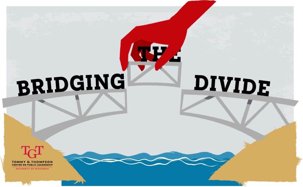An illustration of two bridge halves labeled BRIDGING and DIVIDE with a red hand placing a piece labeled THE to connect them over water. The Tommy G. Thompson Center logo is in the bottom left corner.