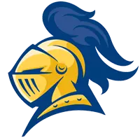 Illustration of a knights helmet in gold and blue with a blue plume extending from the top, facing left. The design is stylized and serves as a logo or mascot.