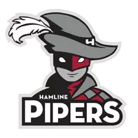 Logo of the Hamline Pipers featuring a masked figure in a feathered hat, red and gray attire, and the words Hamline Pipers in bold letters below the character.