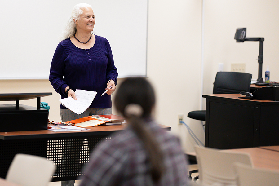Jane Howard, UW-Superior assistant professor of counseling and a graduate of the Master of Science in Education – Counseling program, teaches a class in Swenson Hall. The program, which is available both on campus and in an online format since 2021, is designed for students who want to become professionals in counseling and related fields. It is currently the fastest-growing graduate program at UW-Superior.