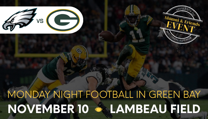 A promotional image for a “Monday Night Football in Green Bay” alumni event shows Eagles vs. Packers logos, players in action, and text with the date November 10 and location Lambeau Field.