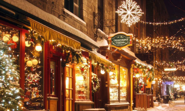 A festive street scene at night shows shops decorated with Christmas lights, garlands, and ornaments. Snow covers the ground as UW-Superior Alumni Traveling guests enjoy warm light glowing from shop windows, creating a cozy holiday atmosphere.