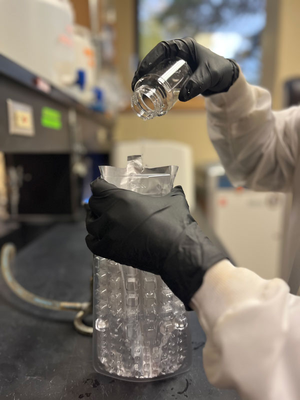 Person in black gloves pours liquid into a bag aboard Sadie Ann research vessel, Lake Superior.