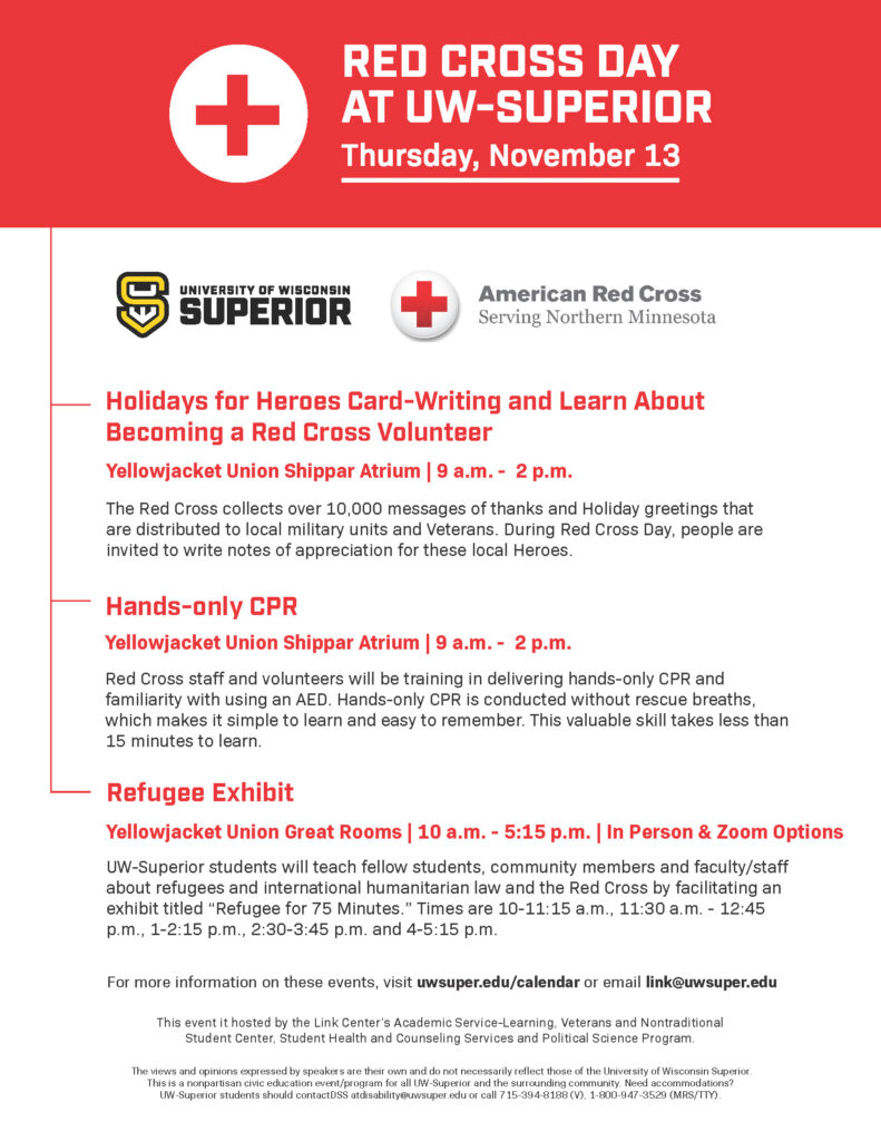 Poster for Red Cross Day at UW-Superior on Thursday, November 13, showing event details for card-writing, CPR training, and a refugee exhibit, with Red Cross and UW-Superior logos at the top.