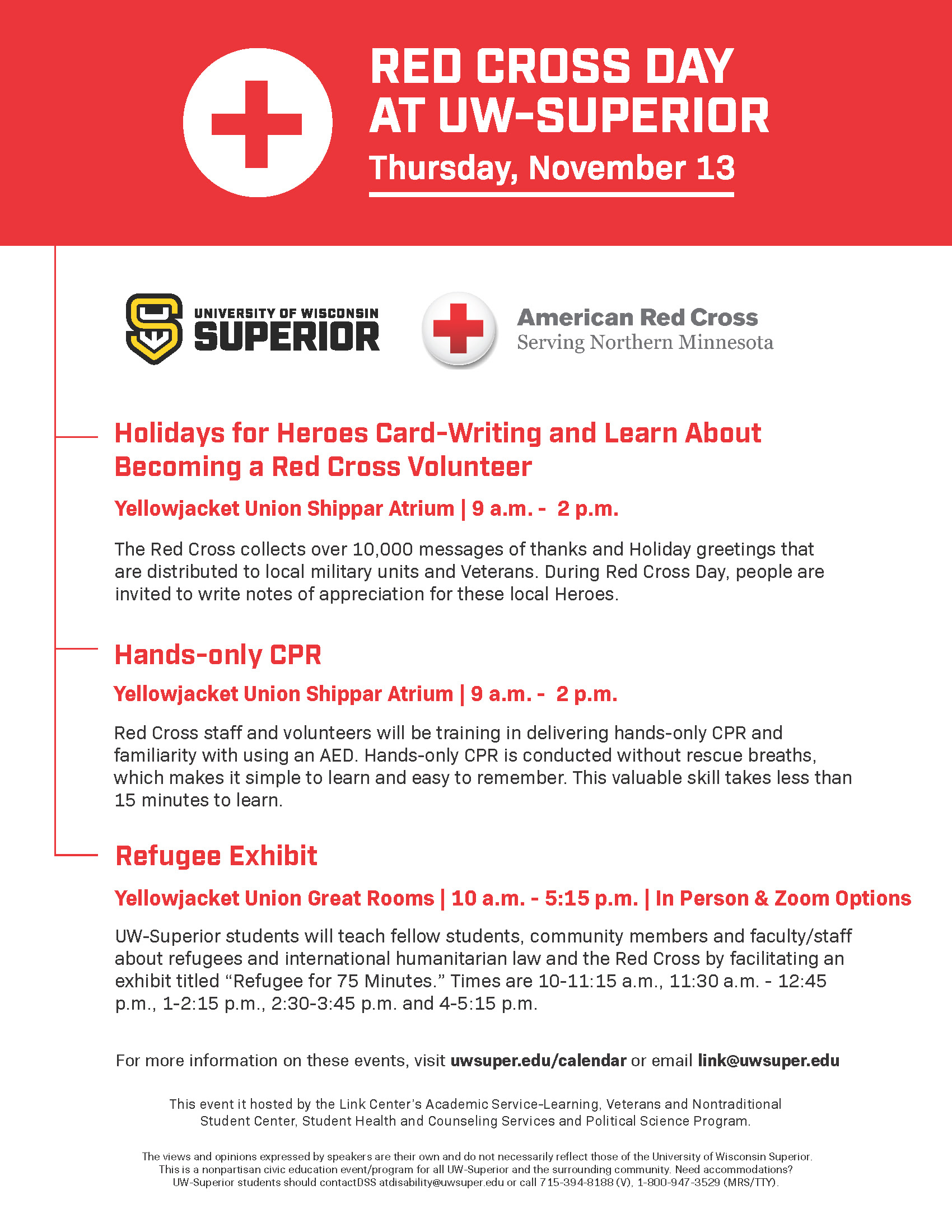 Poster for Red Cross Day at UW-Superior on Thursday, November 13, showing event details for card-writing, CPR training, and a refugee exhibit, with Red Cross and UW-Superior logos at the top.