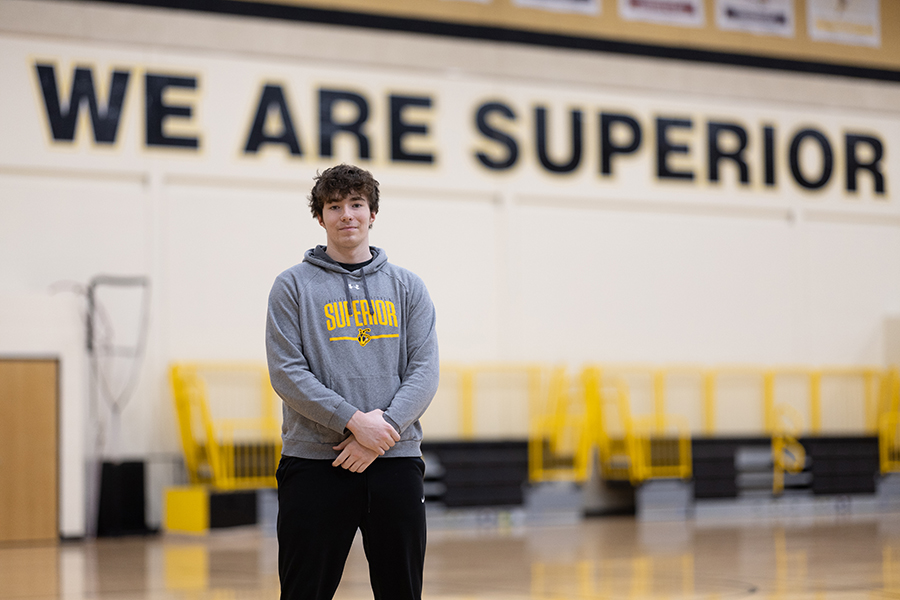 University of Wisconsin-Superior student Rocco Paulson in in Mertz Mortorelli Gymnasium.