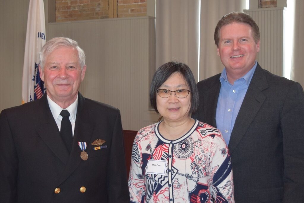 Professor emeritus Richard Stewart, left, received the Merchant Marine Medal for Outstanding Achievement at the Duluth-Superior Maritime Club’s annual celebration of National Maritime Day on Monday, May 22, at The Garden in Duluth’s Canal Park. Stewart, who retired from UW-Superior in 2022, is pictured with Mei Cao, professor and director for the School of Business and Economics and director of the Transportation and Logistics Research Center, and Daniel Rust, associate professor of transportation and logistics management.