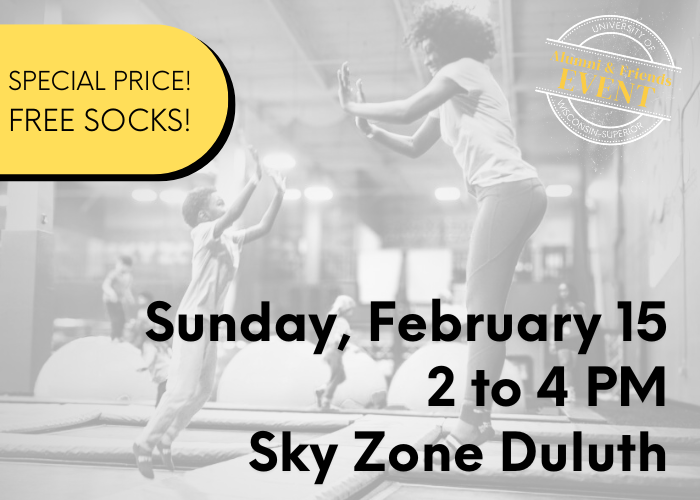 A child and an adult high-five on trampolines. Text reads: SPECIAL PRICE! FREE SOCKS! Sunday, February 15, 2 to 4 PM, Sky Zone Duluth.” A faded badge in the corner says EVENT.