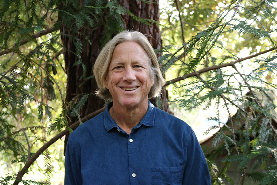A person with blonde hair wearing a blue button-up shirt stands smiling in front of a tree surrounded by green foliage outdoors.