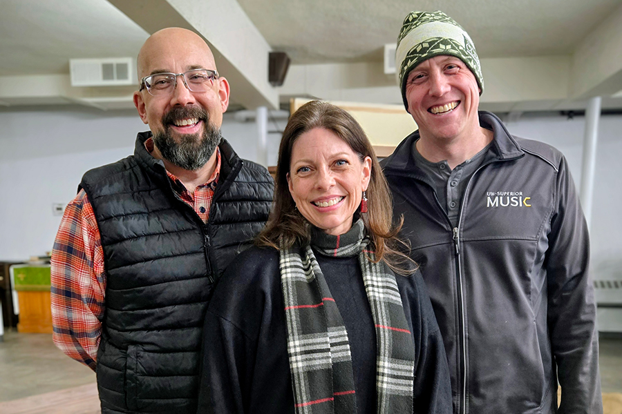 University of Wisconsin-Superior Music Department faculty, from left, Jeffrey Madison, senior lecturer, professor Vicki Fingalson and conducted by Michael Fuchs, associate professor and department chair.
