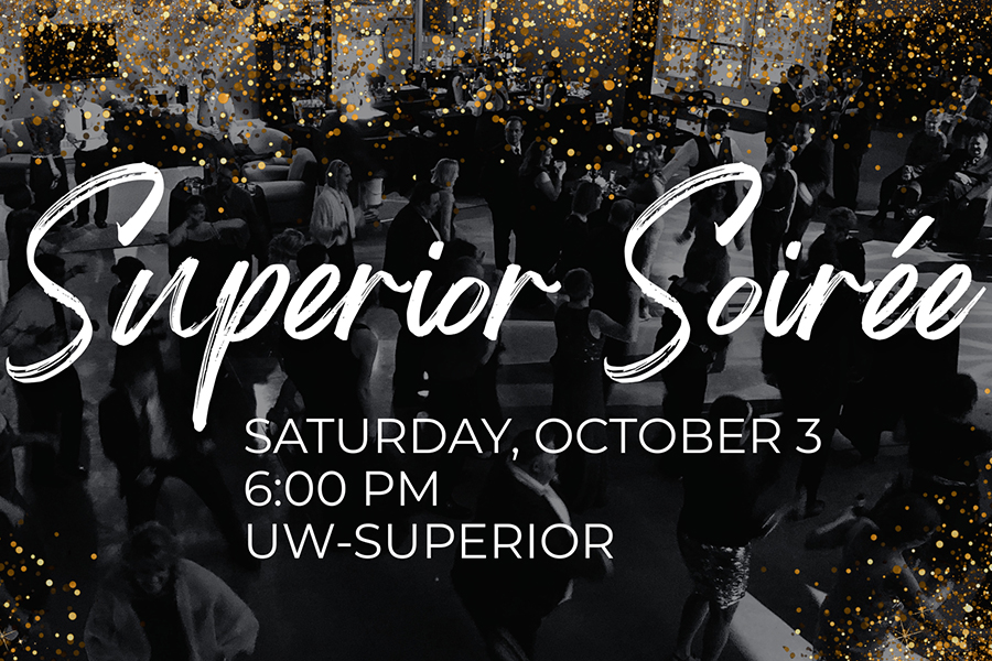 Crowd at an indoor event with Superior Soirée and event details in bold white text.