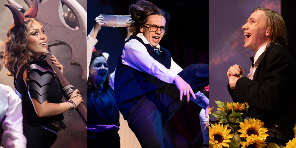 Three theatrical scenes: on the left, a performer in dark armor with horns smiles; center stage, lively theatre energy as a performer in glasses kicks while others react; on the right, a person in a tuxedo grins near sunflowers.