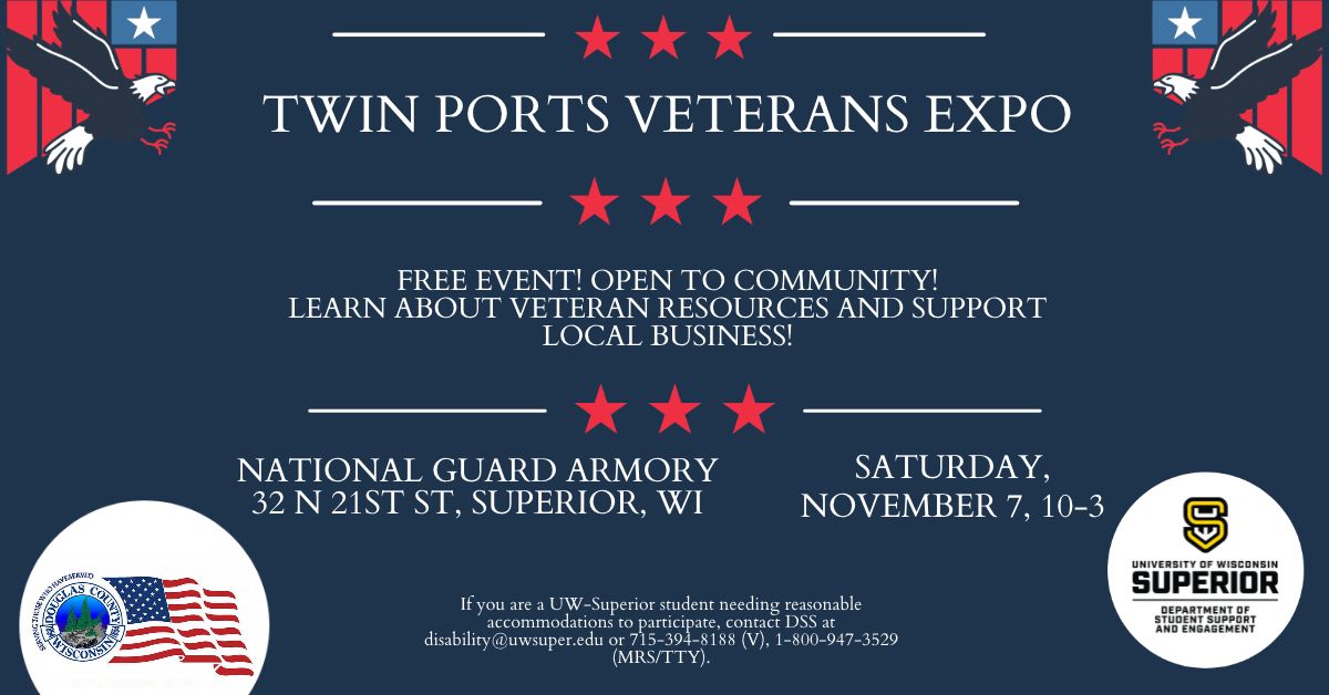 Twin Ports Veterans Expo event flyer on November 7 at the National Guard Armory in Superior, WI.