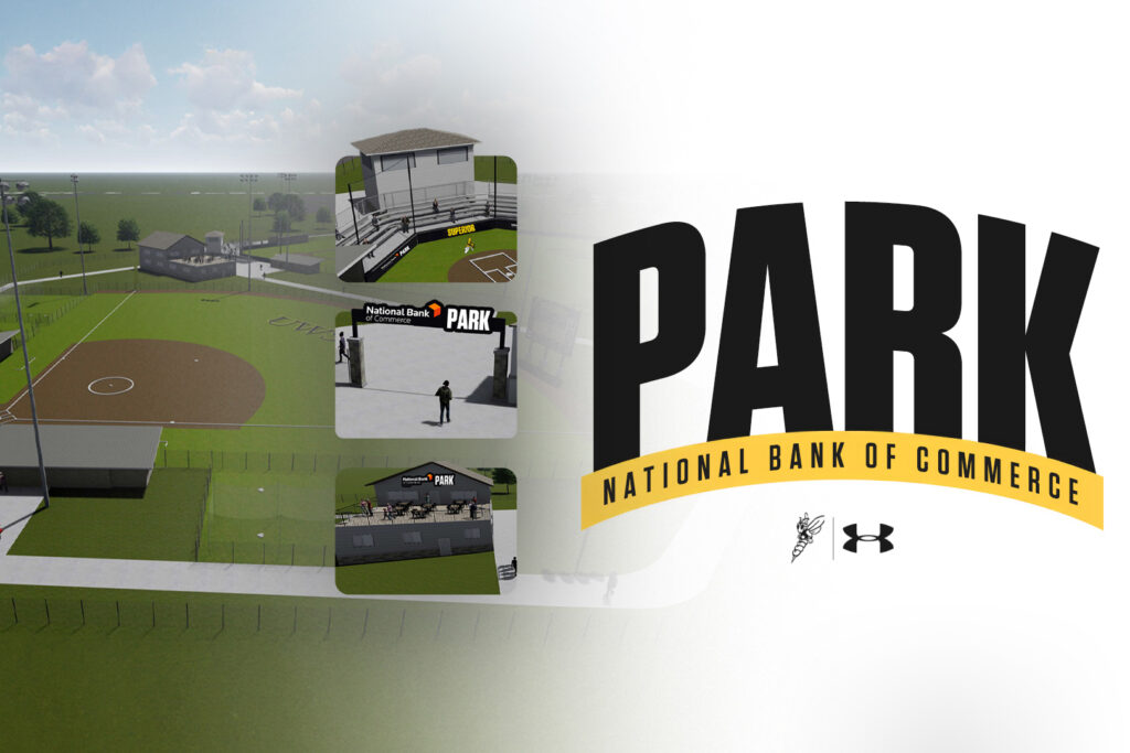 A digital rendering of the National Bank of Commerce baseball park, and logos for National Bank of Commerce and Under Armour.
