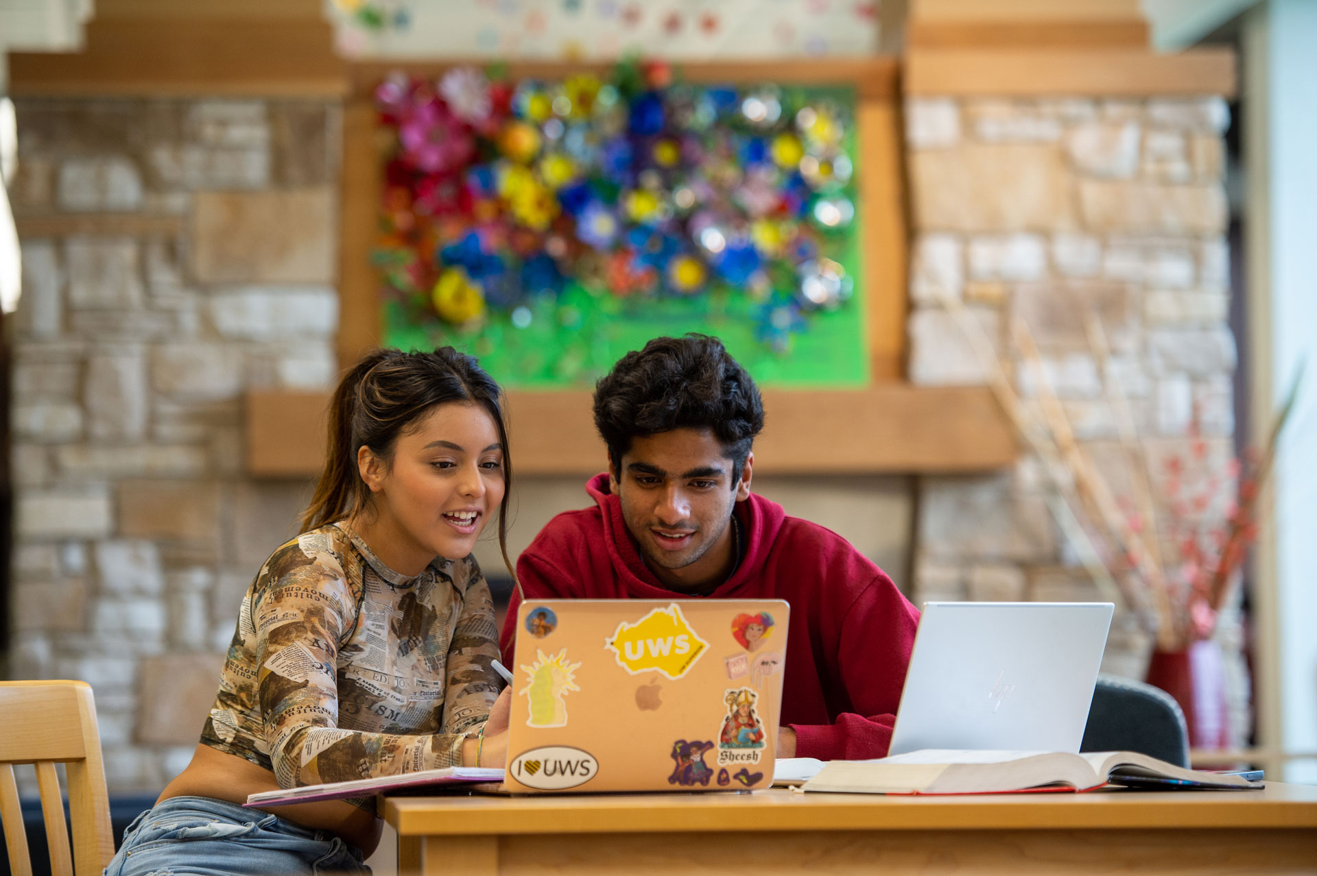Two students sit at a table studying together, both looking at a laptop covered in colorful stickers. An open book and another laptop suggest theyre exploring Online Programs. A bright, colorful artwork hangs on the wall behind them.