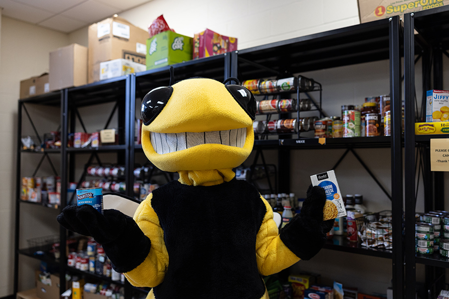 University of Wisconsin-Superior mascot Buzz in the Yellowjacket Food Pantry