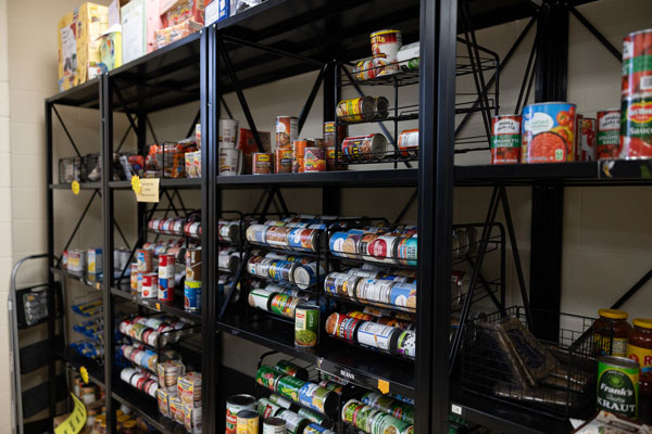 Shelves stocked with various canned and packaged food items in a well-organized food pantry.