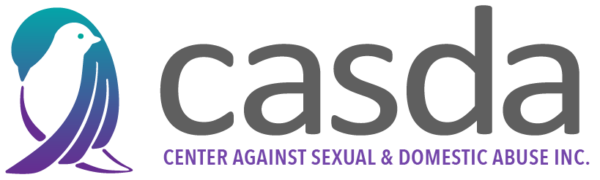 CASDA logo featuring a stylized bird in gradient blue and purple next to the name casda in bold gray letters, with Center Against Sexual & Domestic Abuse Inc. written below in purple, highlighting their research services.