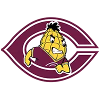 A cartoon corn cob dressed in a sports jersey, looking determined and flexing an arm, is centered inside a large maroon letter C with a white outline.