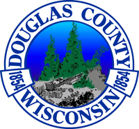 Seal of Douglas County, Wisconsin, featuring two evergreen trees on rocky terrain with a blue background. The text around the edge reads Douglas County Wisconsin 1854, symbolizing a strong foundation for community and research services.
