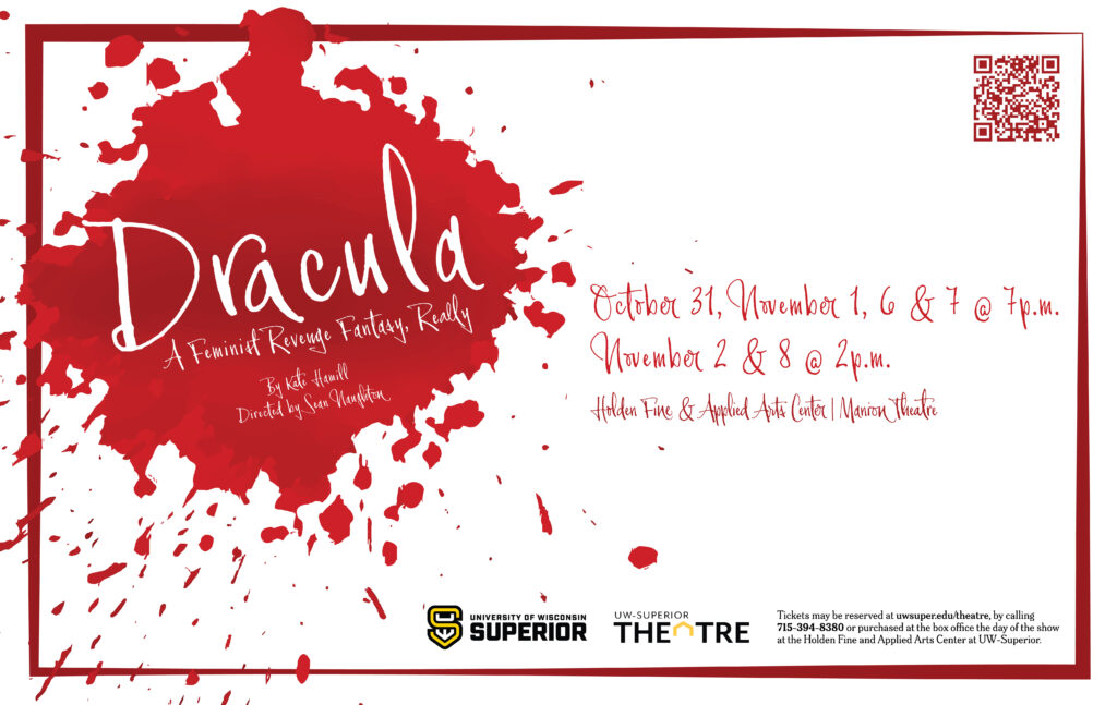 A poster with red blood splatters advertises Dracula: A Feminist Revenge Fantasy, Really. Show dates are Oct 31, Nov 1, 6, 7 at 7pm, Nov 2 & 8 at 2pm at UWS; ticket info and logos are at the bottom.