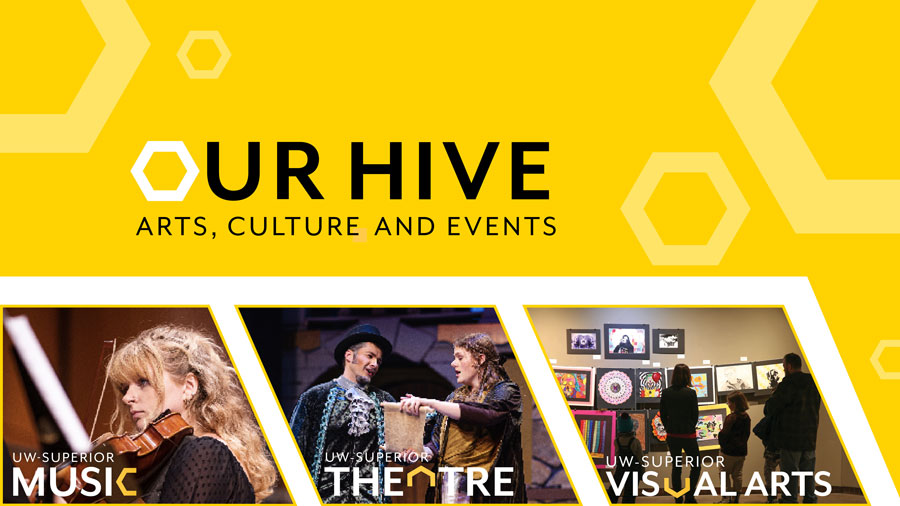Promotional graphic for Our Hive: Arts, Culture and Events featuring the words Music, Theatre, and Visual Arts with related photos on a yellow background with hexagon designs.