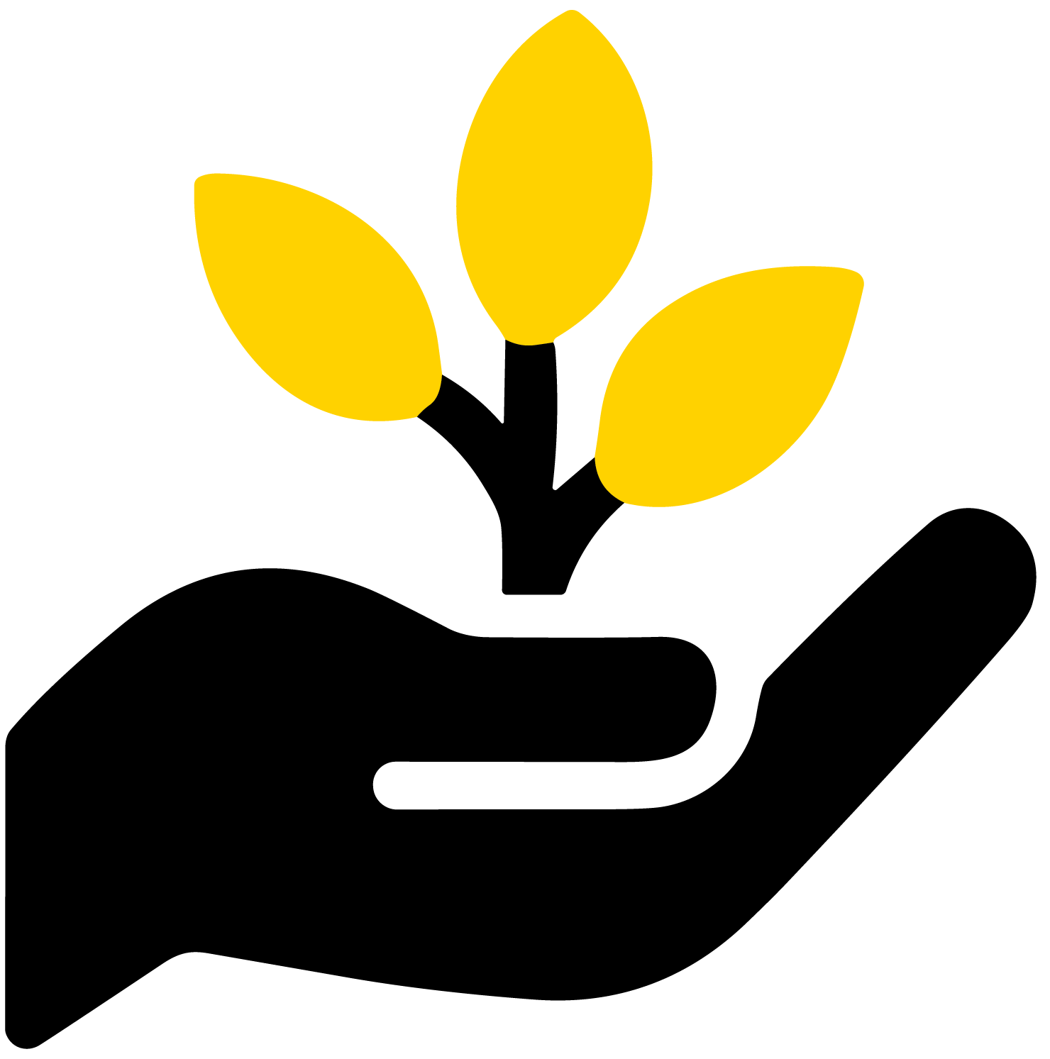 A black hand icon holds a small plant with three yellow leaves, symbolizing growth, care, or environmental protection—perfect for representing the values of the Master of Social Work UW-Superior program.