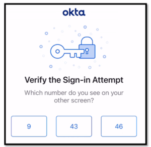 Okta verification prompt with a blue key and lock icon, asking Which number do you see on your other screen? Three options are displayed: 9, 43, and 46. For help, check our technology services FAQs.