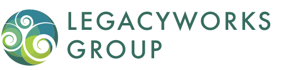 LegacyWorks Group logo featuring a circular icon with abstract swirling green and white shapes, reflecting their expertise in research services, next to the words LEGACYWORKS GROUP in uppercase, teal-colored letters.
