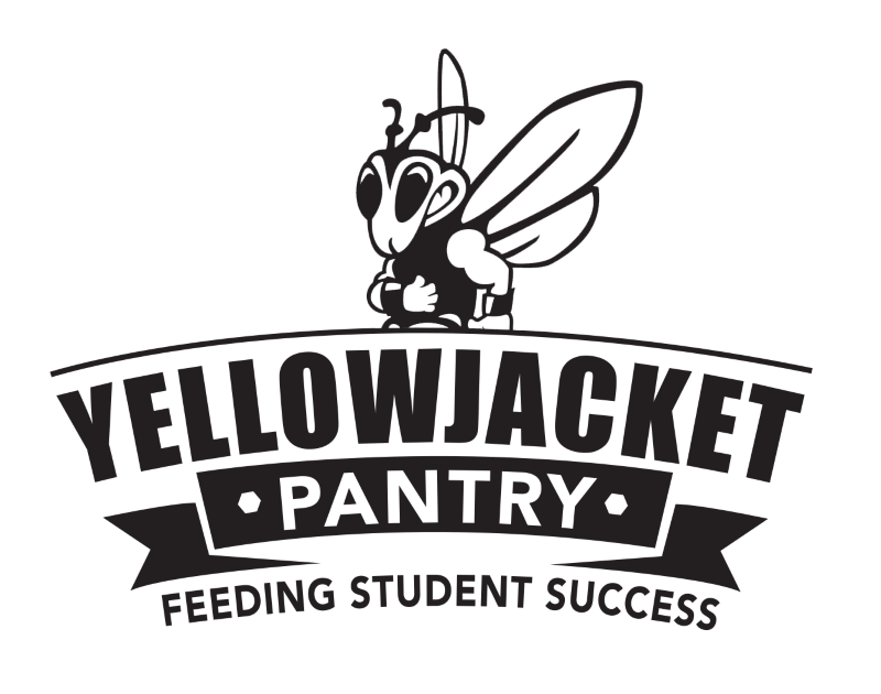 Buzz - yellowjacket mascot stands above bold text reading Yellowjacket Pantry, a food pantry with the tagline Feeding Student Success below.