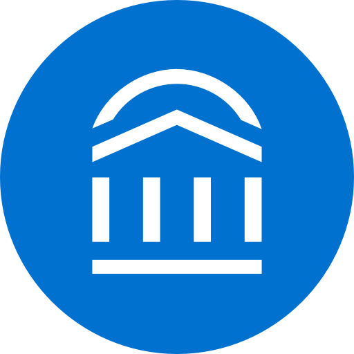 White icon of a classical building with columns and an arched roof, set against a solid blue circular background, representing campus logins.