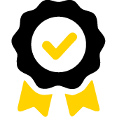 A black award ribbon icon with two yellow streamers at the bottom and a yellow check mark in the center, symbolizing certification or approval.