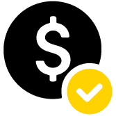 A black circle with a white dollar sign inside and a smaller yellow circle with a white check mark overlapping the lower right corner.