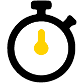 A simple black stopwatch icon with a yellow thermometer symbol in the center, indicating a concept related to time and temperature.