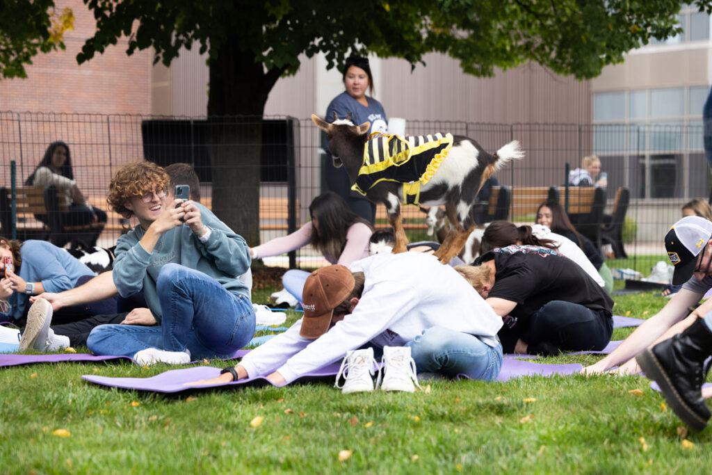 A group of people sit and lie on yoga mats outdoors at the Pruitt Center for Mindfulness and Well-Being while a goat in a yellow and black costume walks among them. One person snaps a photo as trees and buildings frame the background.