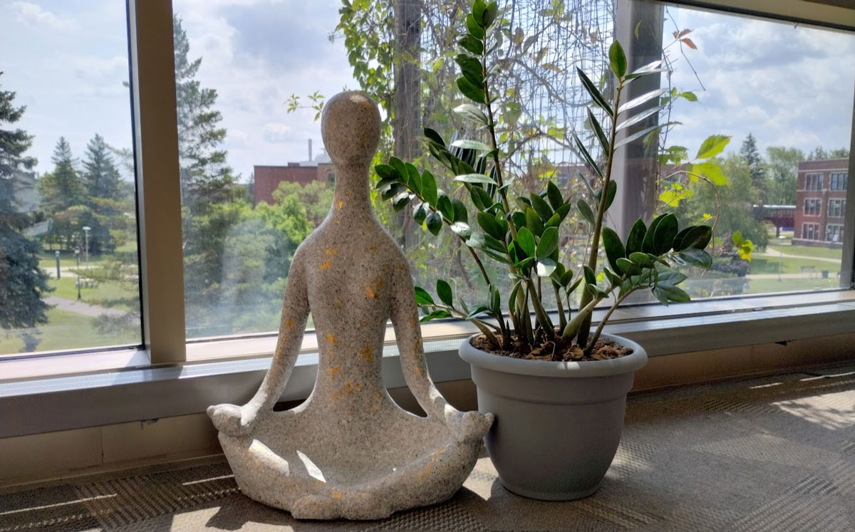 A stone statue in a meditative pose sits next to a green potted plant on the carpeted floor by a large window at the Pruitt Center for Mindfulness and Well-Being, with trees and buildings visible outside in bright daylight.